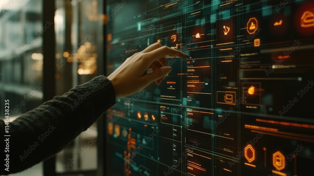 Poster futuristic hand touching digital interface with data and graphics