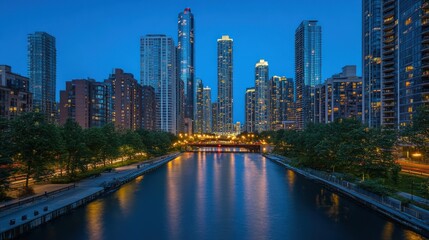 Obraz premium Cityscape at twilight, reflecting skyscrapers and bridge in calm water.
