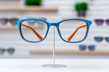 A glasses frame displayed on a mannequin head in a stylish boutique, with minimalist dÃ©cor in the background