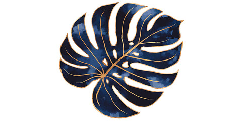 A watercolor illustration of a monstera leaf in navy blue and gold