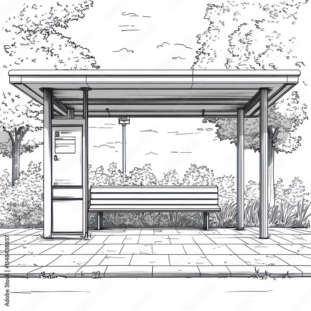 Poster sketch of a bus stop with a bench under a shelter.
