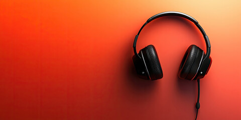 Immersive Audio Odyssey - Sleek black headphones rest against a vibrant orange backdrop, inviting...