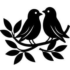 Silhouette of two birds perched on a leafy branch, facing each other, symbolizing love or companionship a simple and elegant black-and-white design