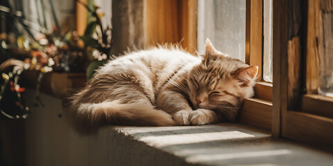  of a relaxed and peaceful domestic cat sleeping on a windowsill