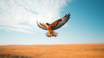 Hawk soars over golden field.