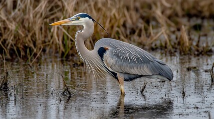 Heron standing in marsh.