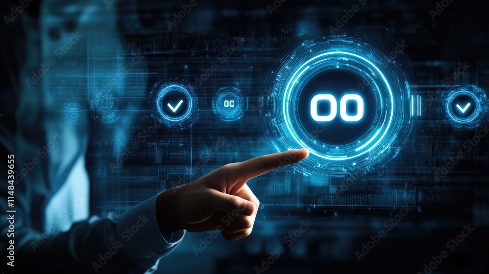 Poster interactive digital interface with futuristic button and hand gesture