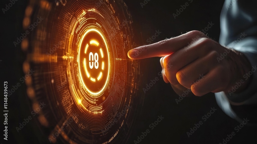 Poster finger touching interactive digital interface display with glowing elements