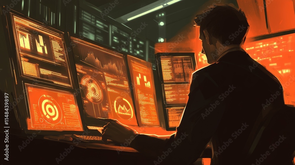 Poster businessman analyzing data on multiple screens in dark office