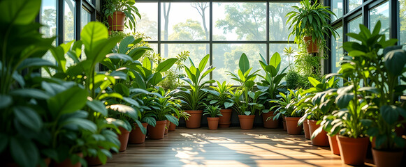 Lush indoor garden bathed in sunlight. Tranquil, vibrant green plants in terracotta pots. Serene atmosphere, peaceful escape.