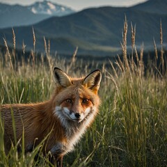 Fototapeta premium A fox peering through tall grass with distant mountains in the background.