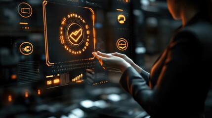 Businesswoman Analyzing Data on Digital Screen with Graphs and Charts