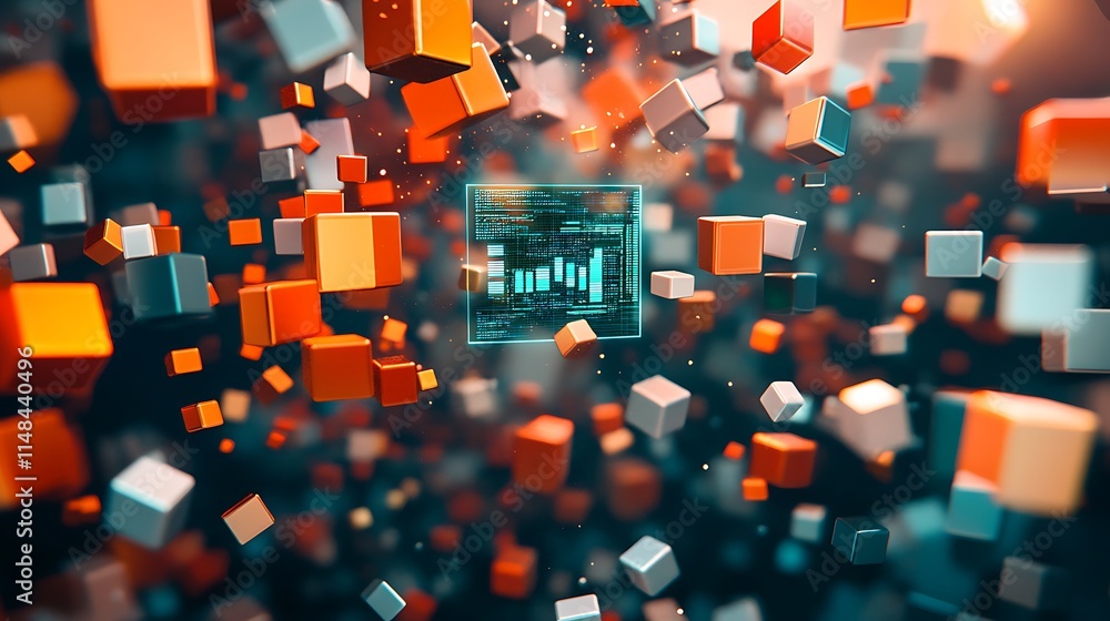 Poster floating data cubes with center graphic.