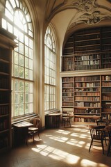 Sunlight filters through grand windows, illuminating shelves fil