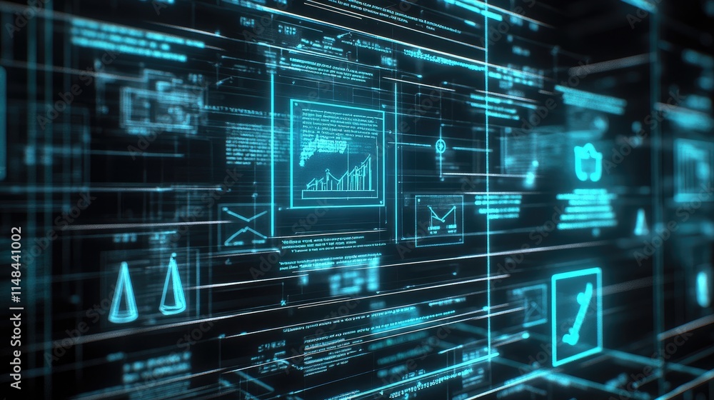 Poster futuristic digital data interface with graphs and symbols