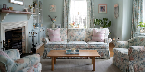  of a cozy cottage-style living room with a floral sofa positioned in front of a fireplace