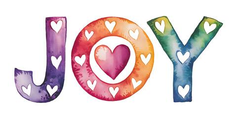 A watercolor style illustration of the word "Joy" in all capital letters, with each letter having a heart inside it