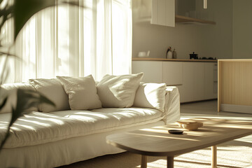 Fototapeta premium Sunlit living room with a white couch and kitchen in the background, showcasing a minimalist design.