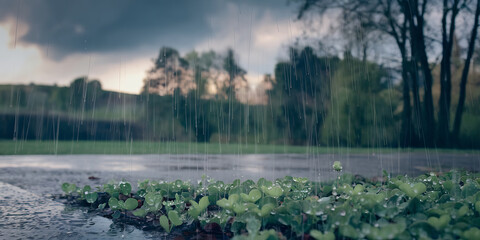  of a spring rain shower, with raindrops falling onto the ground and plants