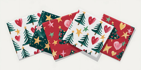 A watercolor-style illustration of festive napkins with patterns of Christmas trees, stars, and hearts