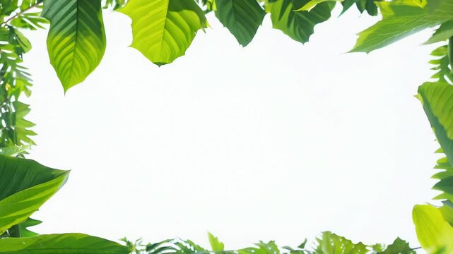 Tropical foliage with green leaves framing an empty sky background, offering inspiration for nature-themed presentations or designs