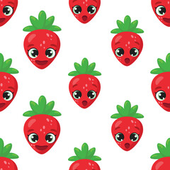 Seamless pattern with cute strawberry characters featuring expressive faces and green leaves, surrounded by colorful dots. Ideal for kids' products, packaging, textiles, and fun designs