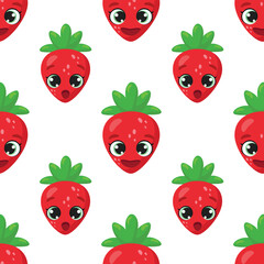 Seamless pattern with cute strawberry characters featuring expressive faces and green leaves, surrounded by colorful dots. Ideal for kids' products, packaging, textiles, and fun designs