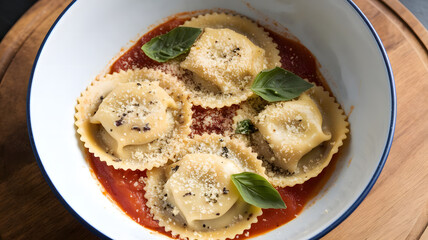 A photo of a bowl of ravioli with a white background.