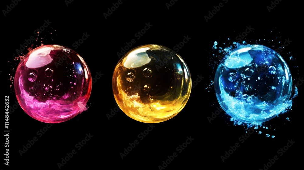 Poster vibrant and playful liquid bubbles in vivid colors creating a captivating visual experience