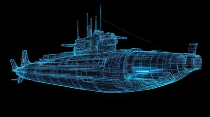 submarine,wireframe glowing blue.