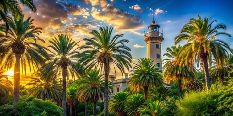 Vilanova Beach Lighthouse: Palm Trees & Coastal Architecture Photography