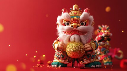 Obraz premium 3D design of the God of Fortune holding a golden bag of fortune, with a vibrant lion puppet emerging dynamically from behind on a festive red background.