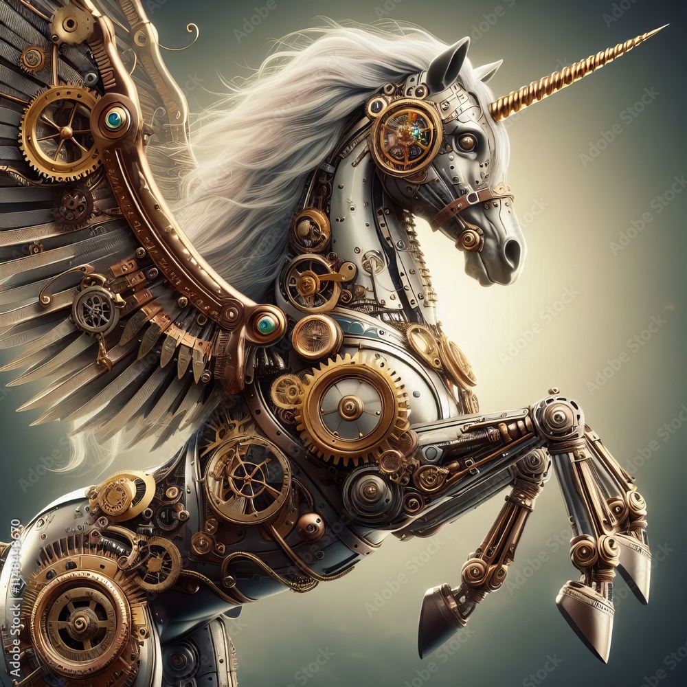 Poster steampunk unicorn a unicorn with mechanical wings and clockwork