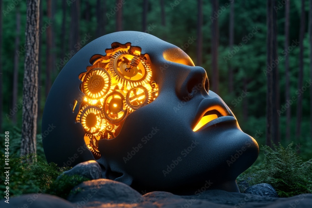 Poster a magical head-shaped structure in a glowing forest, with golden gears inside that rotate to emit et