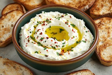 Creamy dip garnished with herbs and pepper, surrounded by crispy
