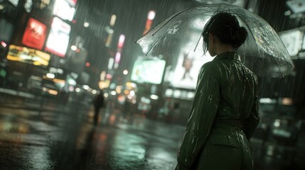 Obraz premium Woman in green raincoat under transparent umbrella in rainy city at night.