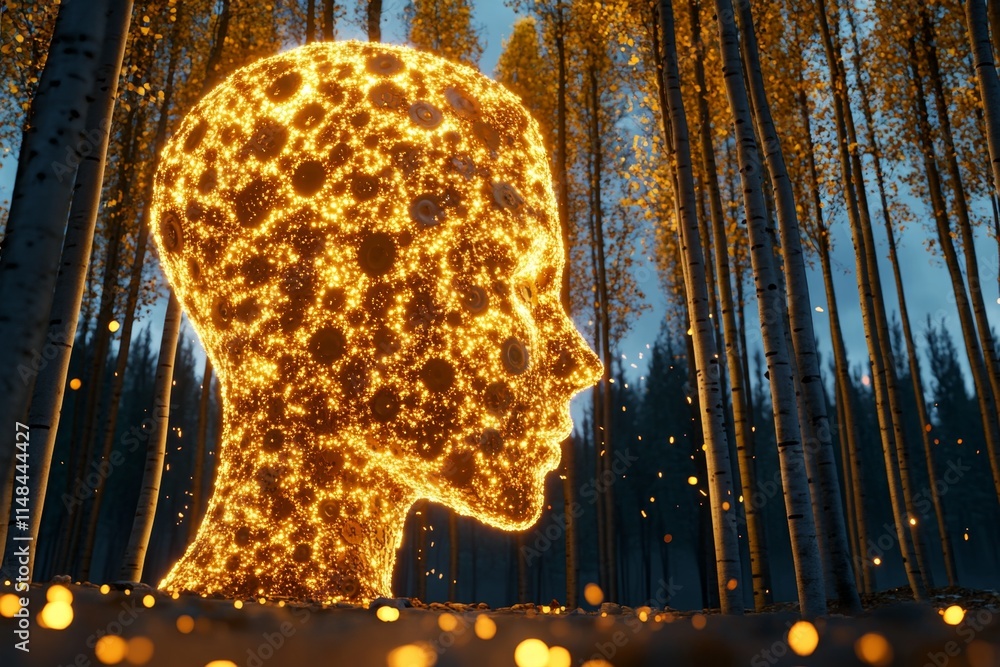 Poster A magical head-shaped structure in a glowing forest, with golden gears inside that rotate to emit ethereal beams of light