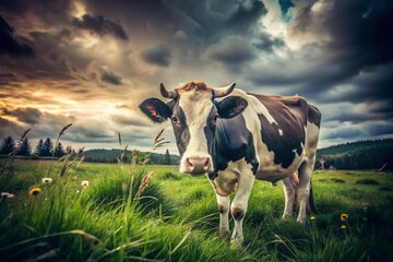 Vintage Black and White Cow Portrait, Cloudy Meadow Grazing, Farm Animal Photography