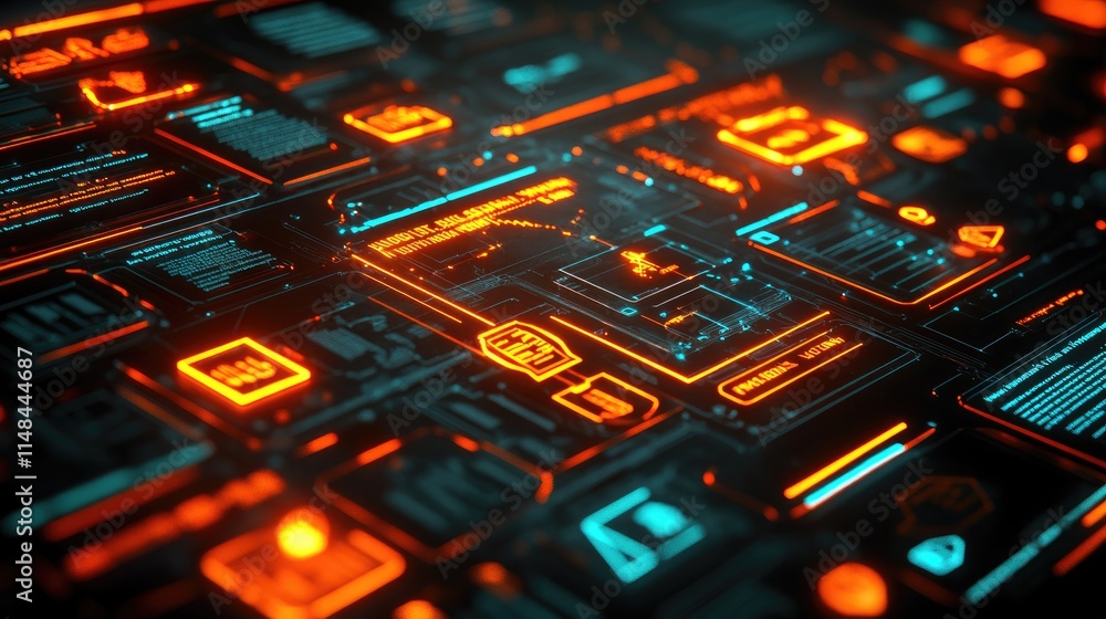 Poster futuristic digital interface with glowing neon elements and patterns