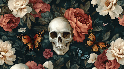 Colorful floral pattern featuring a skull and butterflies against a dark background