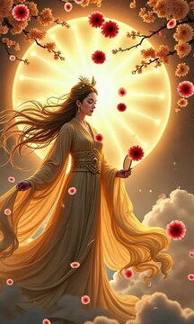 Amaterasu, the revered sun goddess, stepping out from a glowing celestial gate bathed in light and divine brilliance