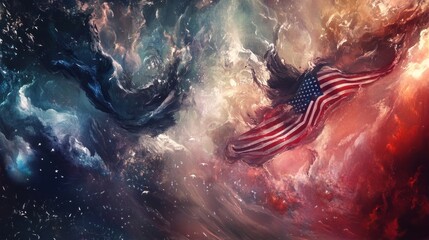 Fototapeta premium A celebratory banner with two dynamic American flags, their stars and stripes flowing against a dramatic sky, perfect for Veterans Day or July 4th.