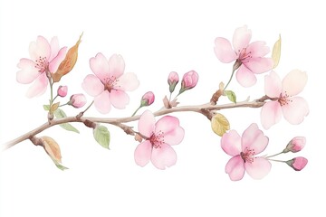Fototapeta premium Watercolor illustration of cherry blossom branch in full bloom. Delicate pink flowers, buds adorn branch with soft pastel hues. Illustration beauty of spring blossoms in botanical style. Design