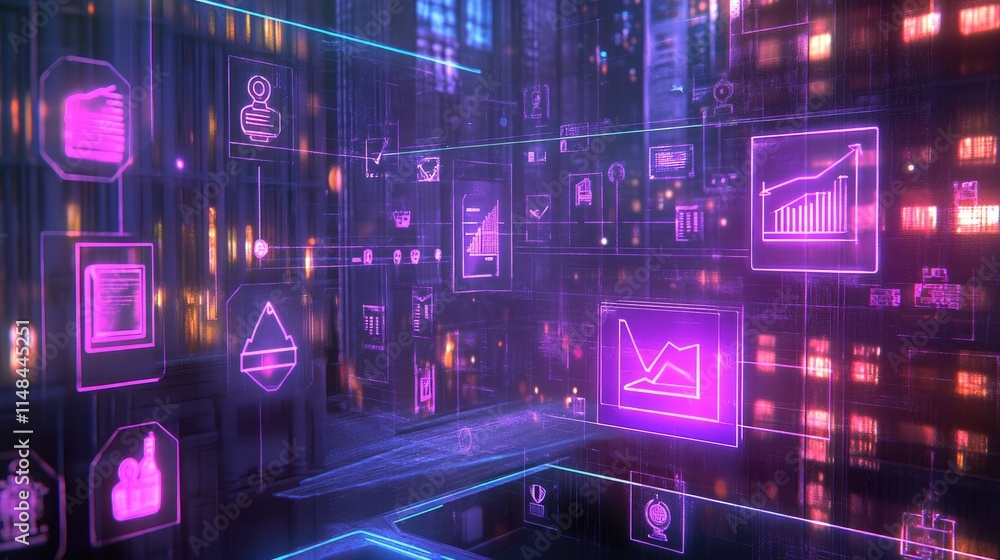 Poster futuristic digital interface with data charts and icons in neon colors