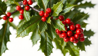 Vibrant Red Holly Berries Lush Green Leaves White Background