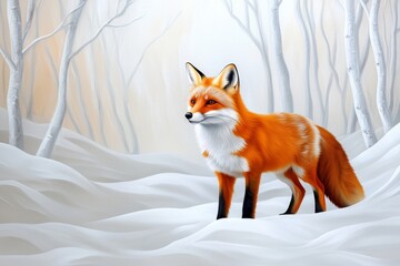 Obraz premium A red fox standing in a snowy forest, its fur glowing warmly against the cool white background