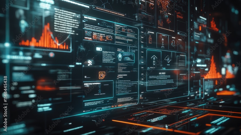 Poster futuristic digital interface with data visualization and networks
