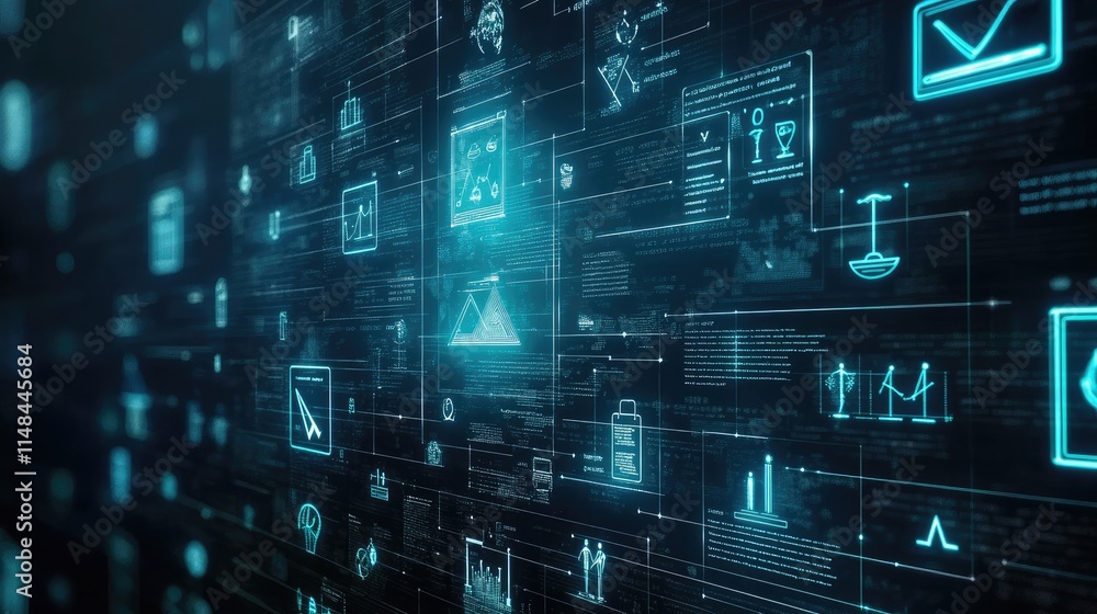 Poster futuristic interface with data visualization and digital graphs