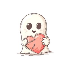 Obraz premium A little ghost holds a red heart with wrinkles and wounds.