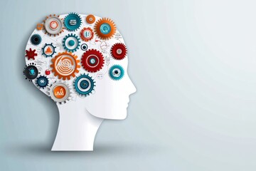 A mind map illustration of a human head where gears replace the brain, each gear labeled with concepts like logic, emotion, and creativity